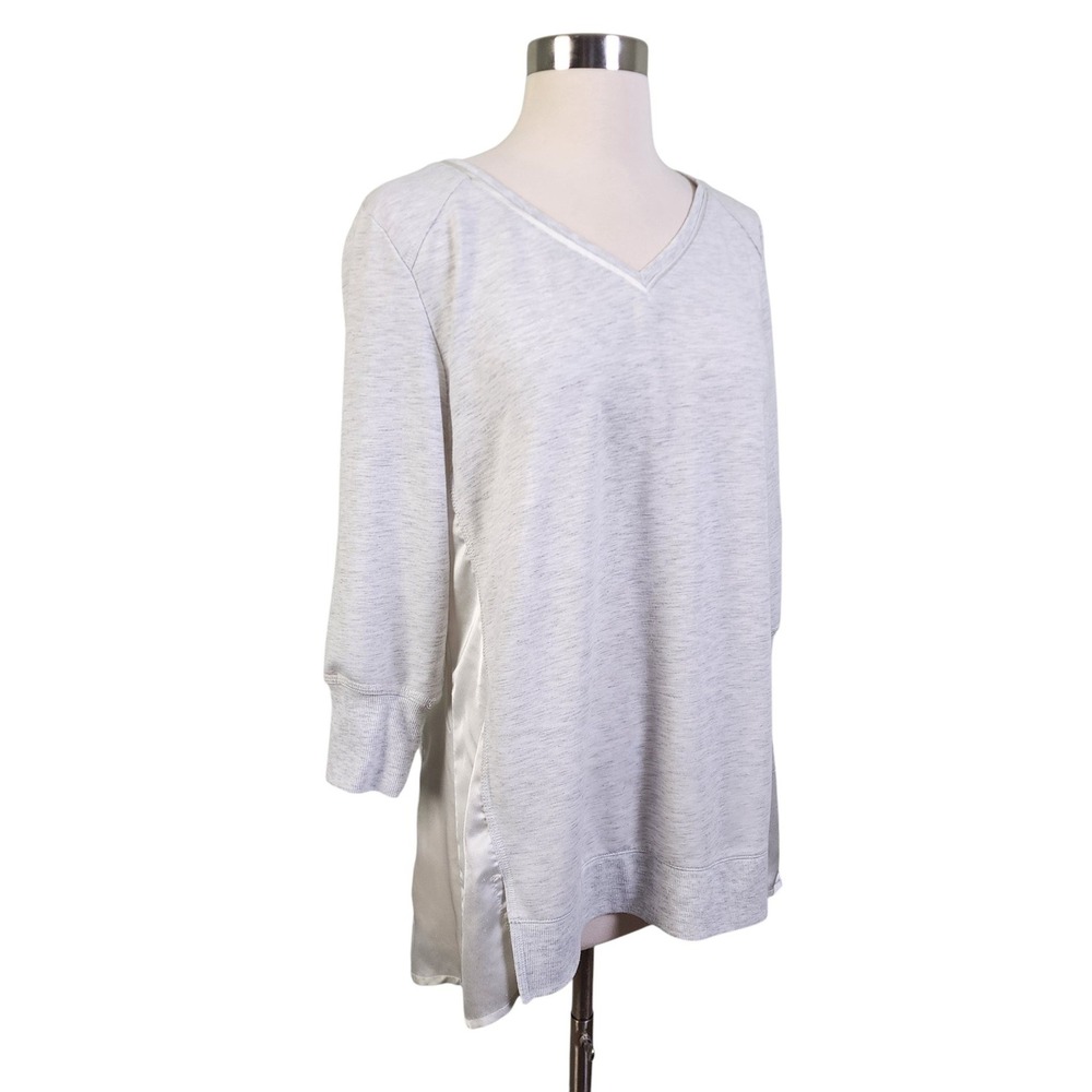 H by Halston Womens Grey Heathered‎ Knit Satin Side Tunic Top Size Medium V Neck